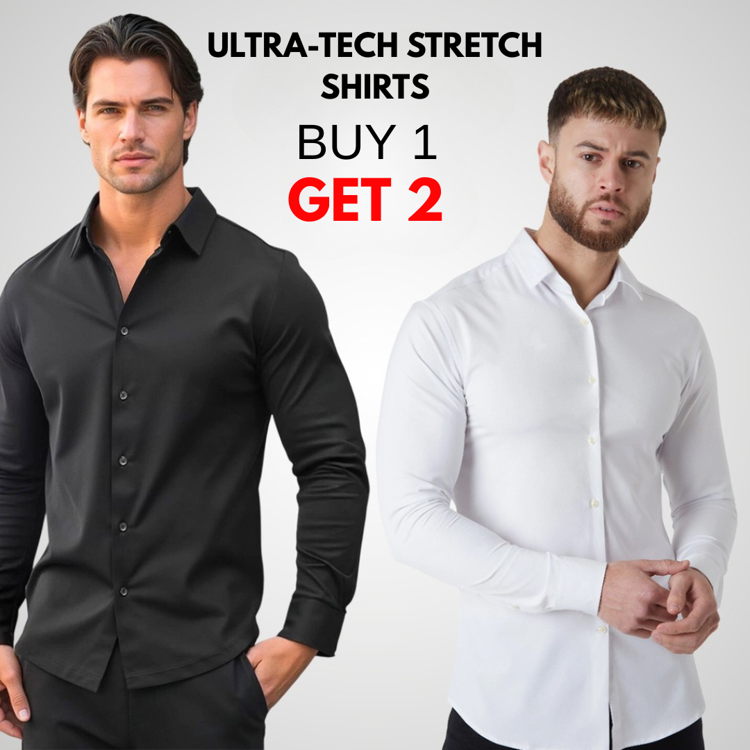 UltraTech® stretch shirt, non-iron and wrinkle-resistant. Buy 1, get 2